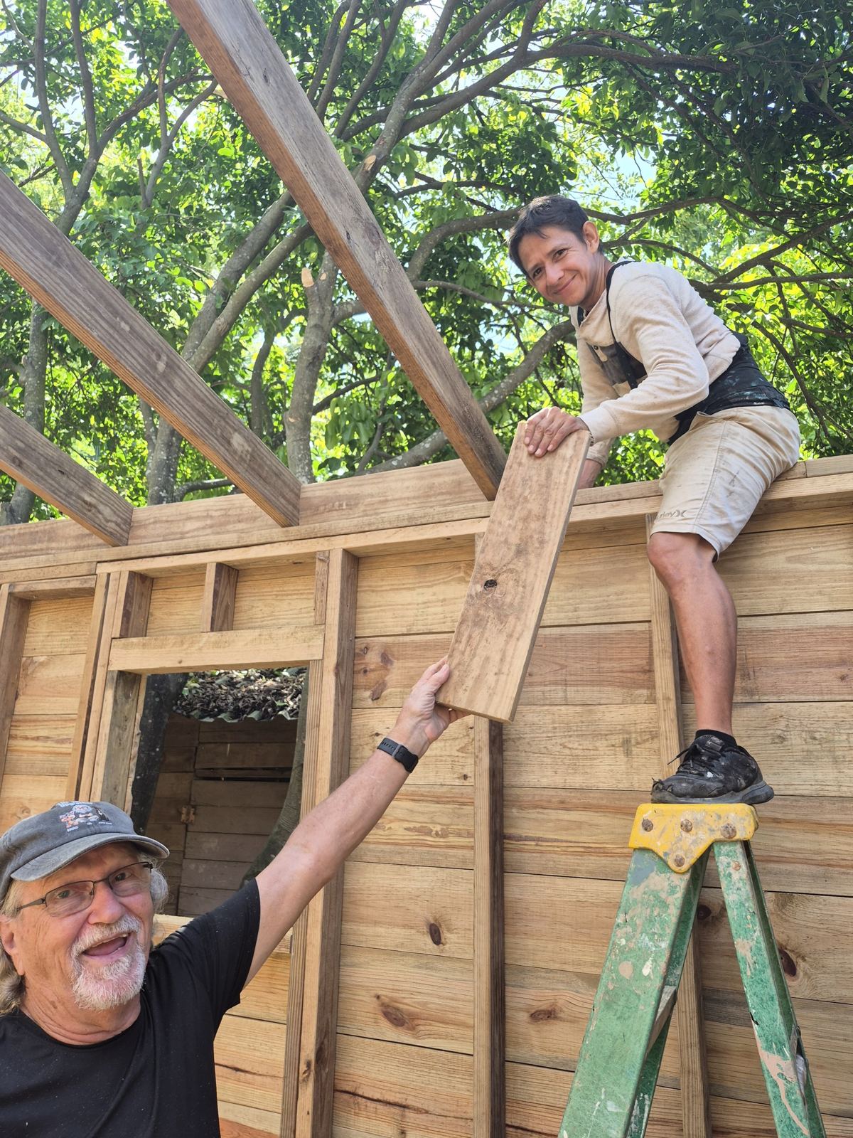 A volunteer on the ground hands a board up to a builder standing on a ladder at the top of the wall